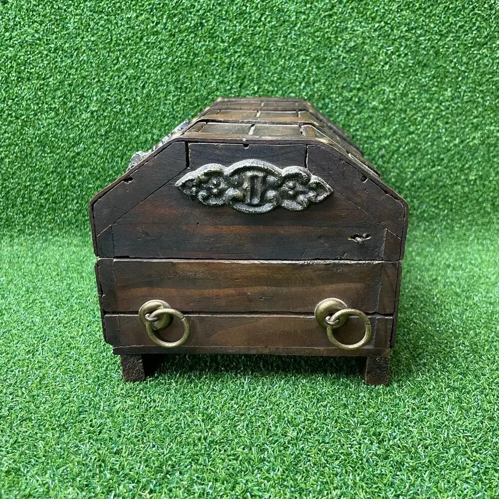 Vintage Wooden Treasure Chest Jewelry Box Gothic Lions Head Metal Latch
